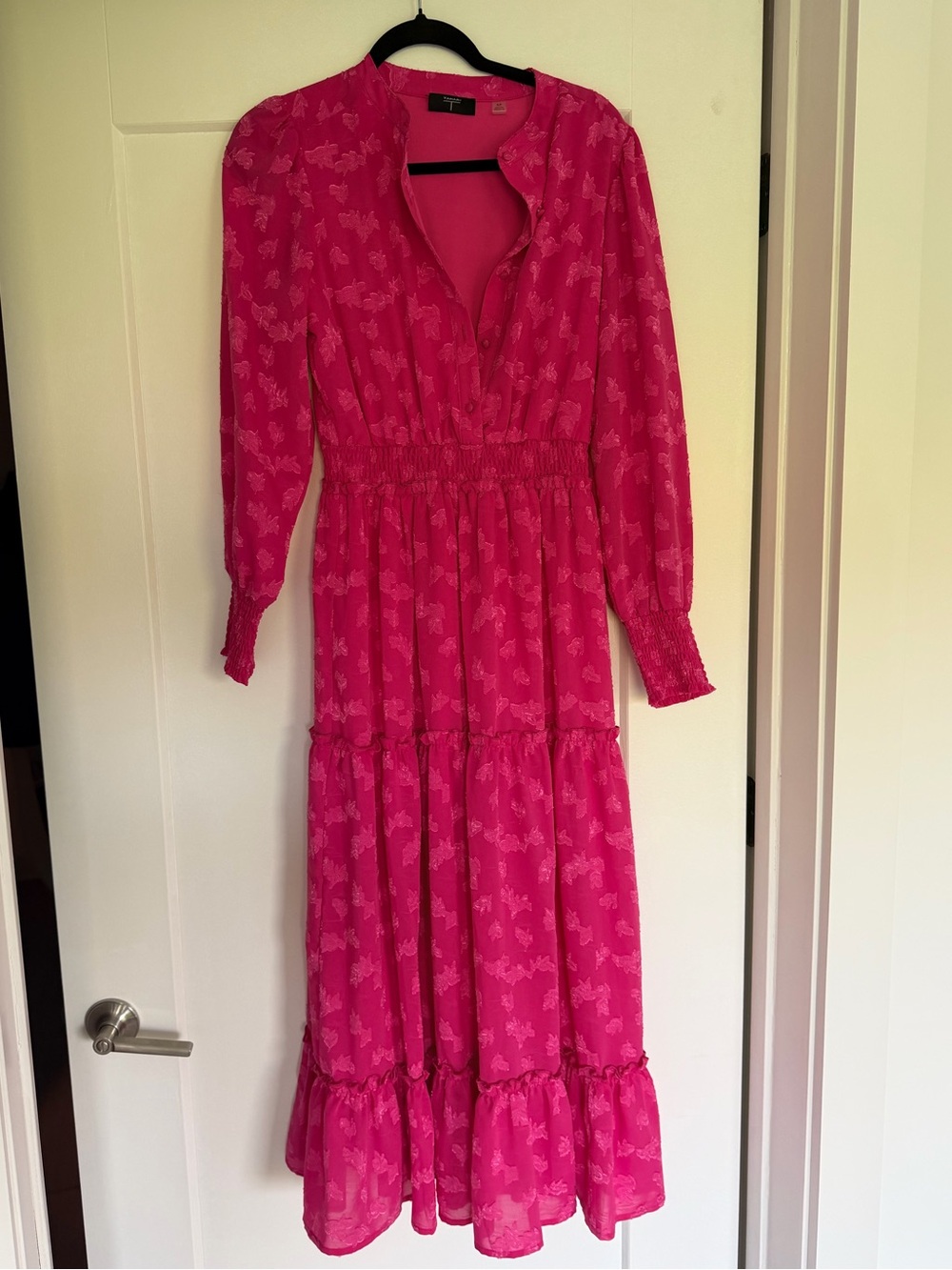 Tahari Hot Pink Long Sleeve Tiered Maxi Dress